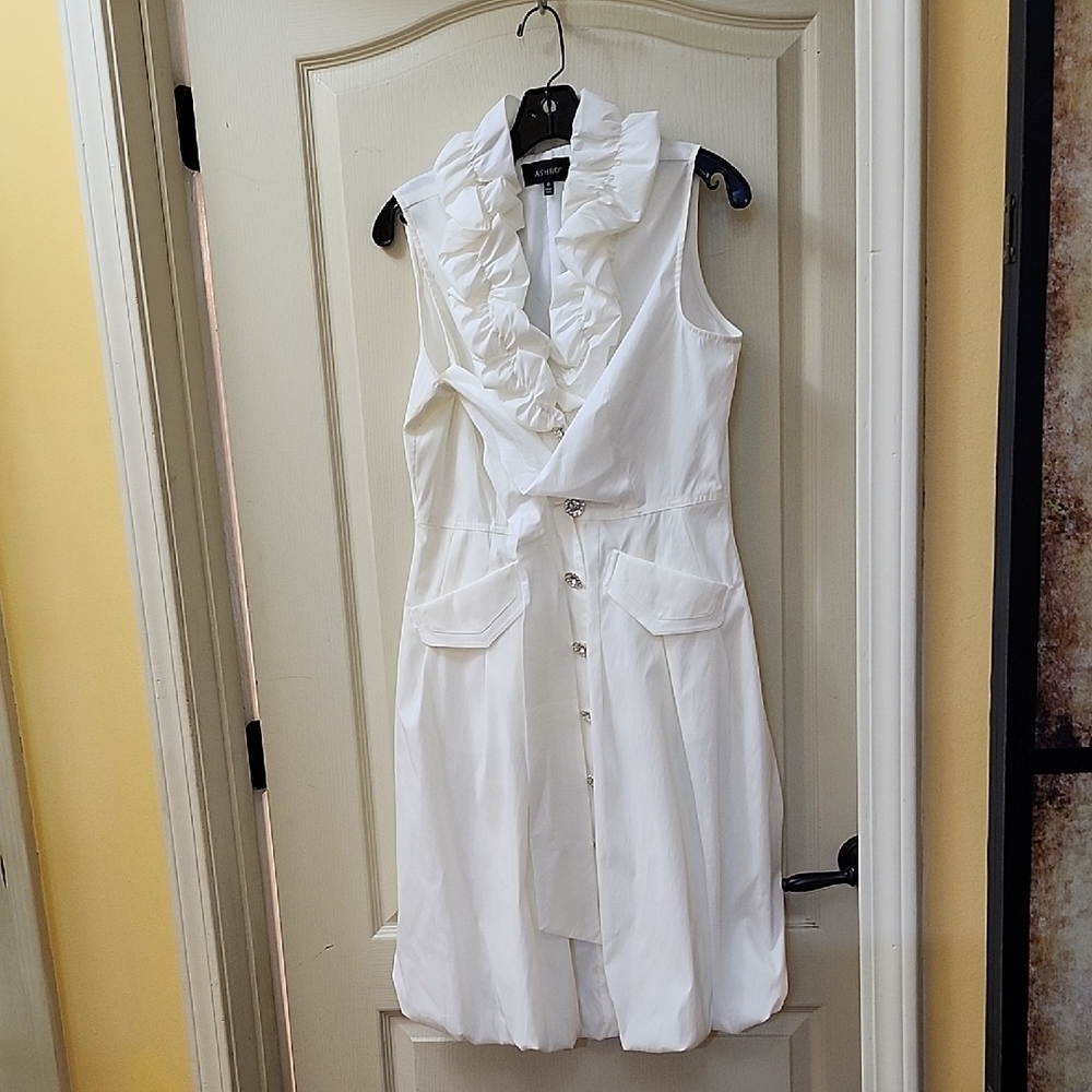 ASHRO WHITE RUFFLED DRESS with RHINESTONE BUTTONS